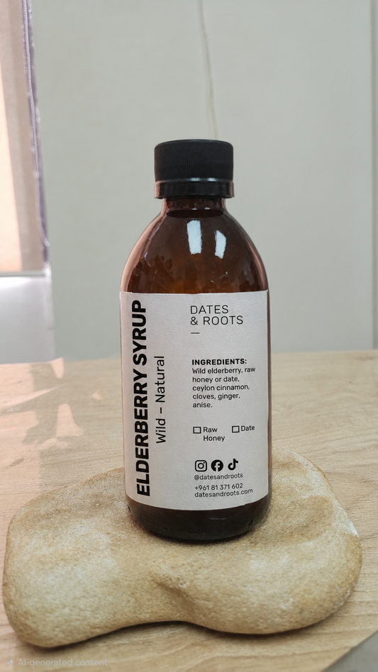 An amber glass bottle of Dates & Roots Elderberry Syrup with a black cap and white label, resting on a light stone dish on a wooden surface.