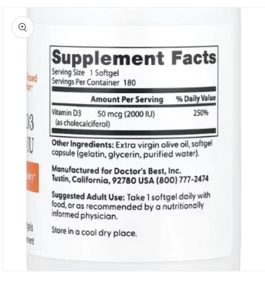 Doctor's Best, Vitamin D3, 50 mcg (2,000 IU), 180 Softgels