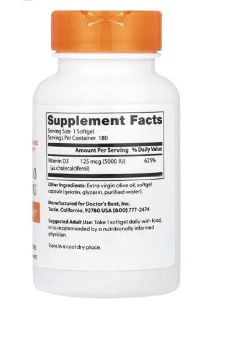 Doctor's Best, Vitamin D3, 125 mcg (5,000 IU), 180 Softgels