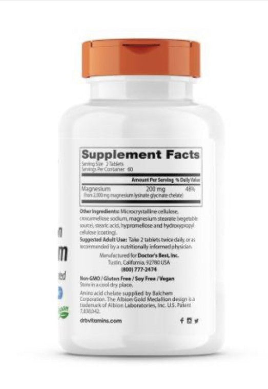 Doctor's Best High Absorption Magnesium Glycinate Lysinate, 100% Chelated, 100 mg, 120Tablets