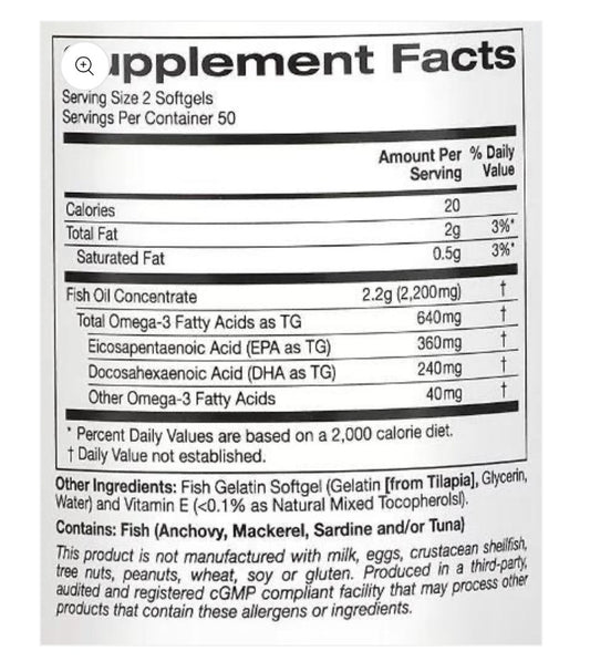 California Gold Nutrition Omega-3 Premium Fish Oil - 100 Fish Gelatin Softgels