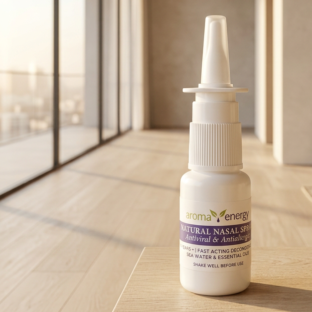 A nasal spray bottle with a white label, primarily designed for natural remedy usage, indicated for nasal congestion.