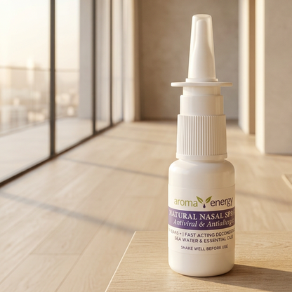 A nasal spray bottle with a white label, primarily designed for natural remedy usage, indicated for nasal congestion.