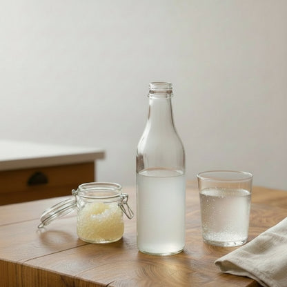 Bottle of Plain Water Kefir on a wooden table with a glass and a cloth in a home setting.