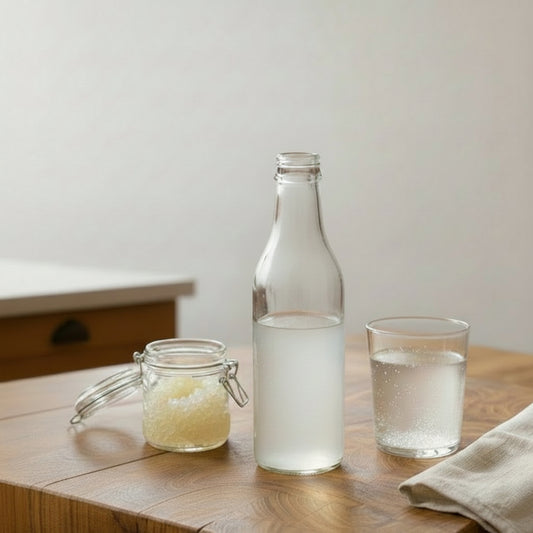 Bottle of Plain Water Kefir on a wooden table with a glass and a cloth in a home setting.