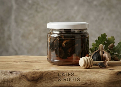 Black garlic fermented with honey by Dates and Roots