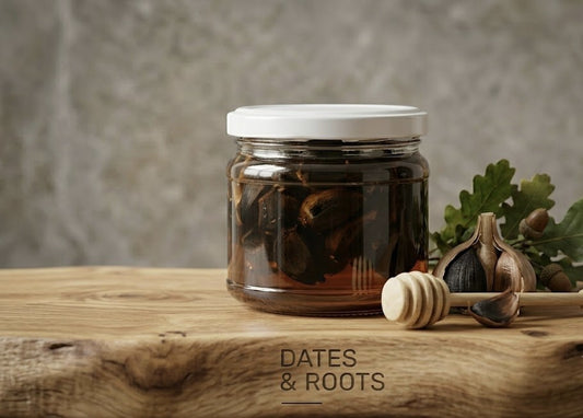 Black garlic fermented with honey by Dates and Roots