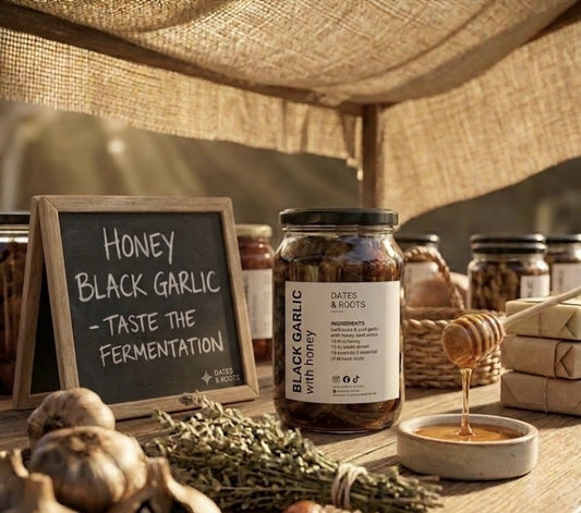 Black garlic fermented with honey by Dates and Roots