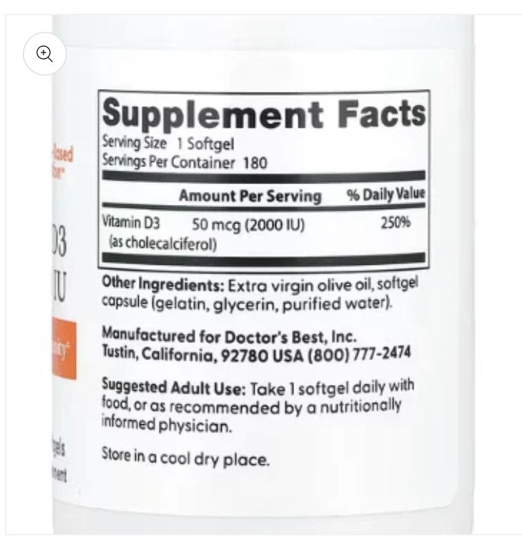 Doctor's Best, Vitamin D3, 50 mcg (2,000 IU), 180  Softgels