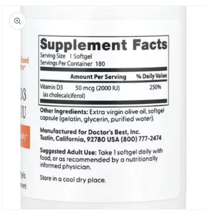 Doctor's Best, Vitamin D3, 50 mcg (2,000 IU), 180  Softgels
