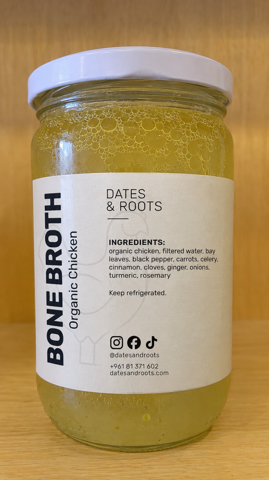 Free range chicken bone broth by Dates & Roots