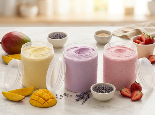 Three clear plastic jars filled with creamy frozen ice-cream milk kefir or smoothie bases in yellow, lavender-purple, and pink, arranged on a light marble surface with mango, strawberry, and lavender props.