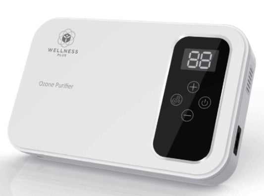 A white ozone purifier and negative ion generator with a digital display and several control buttons.