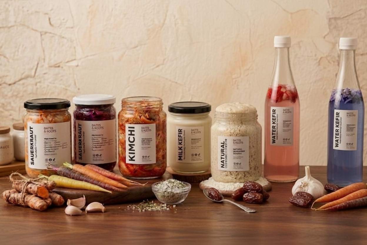 Assorted food products including jars, bottles, and vegetables on a wooden surface with a neutral background.