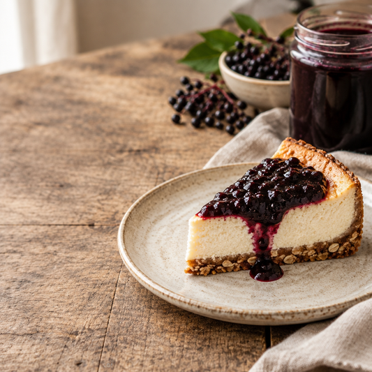 Rustic cheesecake with elderberry jam topping