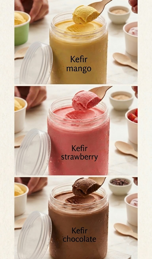 Three stacked panels show open jars of creamy dessert labeled Kefir mango, Kefir strawberry, and Kefir chocolate, with spoons lifting the dessert and small bowls of fruit and ingredients in the background.